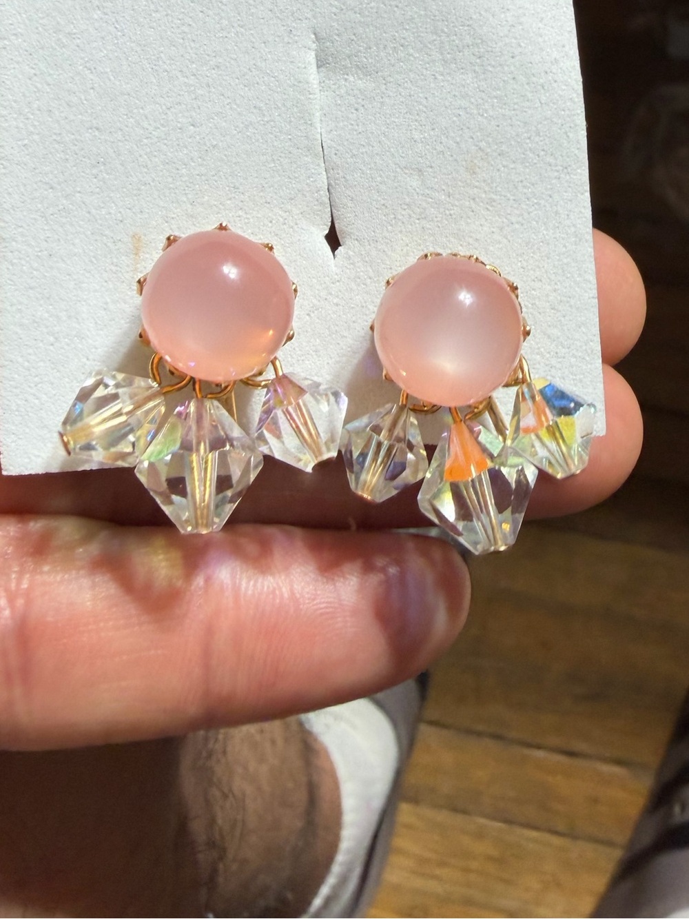 Vintage Gold Tone Pink Glass Cabochon Crystals Aurora Borealis Earrings